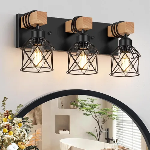 Vista 18 de FadimiKoo Juego de 2 apliques de pared, lámparas de pared de madera de cabecera con interruptor giratorio, lámpara de tocador de baño negra