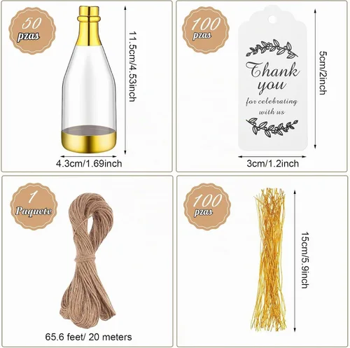 Vista 2 de Gerrii - 50 botellas de plástico para champán, contenedor metálico para Recuerdos de boda dorados, etiquetas de regalo y cuerdas con cuerda