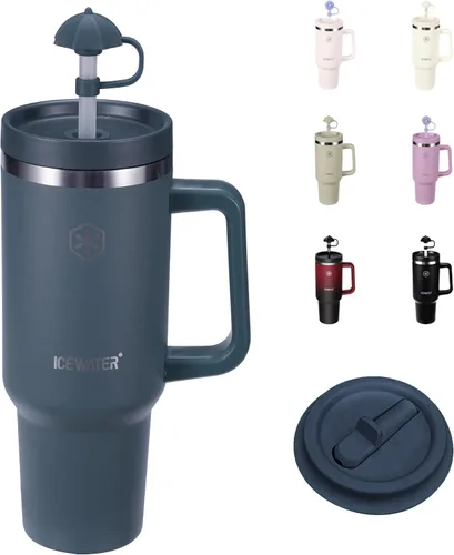 Vista 11 de ICEWATER Vaso de 40 oz con 2 tapas (abatible y pajita estándar), 100% a prueba de fugas, vaso aislado con asa, compatible con portavasos, botella