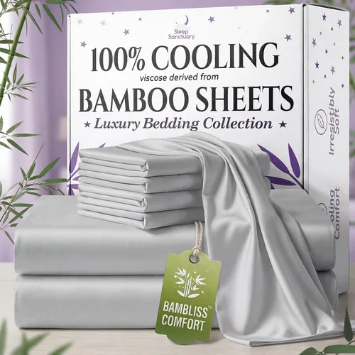 Vista 10 de SLEEP SANCTUARY - Juego de sábanas 100% viscosa derivada de bambú tamaño individual 4 piezas – Sábanas de lujo BamBliss de enfriamiento