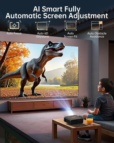 Vista 5 de Proyector inteligente 1000 ANSI/compatible con Netflix: proyector 4K con WiFi 6 y Bluetooth de 2 vías, enfoque automático AI y Keystone, audio Dolby