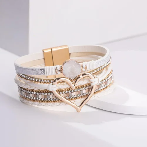 Vista 6 de FANCY SHINY Pulseras de cuero con forma de corazón, apilables, bohemias, pulseras de diamantes de imitación de resina de moda con cierre magnético