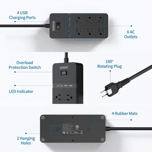 Vista 8 de Protector de sobretensiones de 2 puntas con cable de extensión de 10 pies, adaptador de toma de 2 puntas a 3 puntas NTONPOWER con 6 tomas y 2