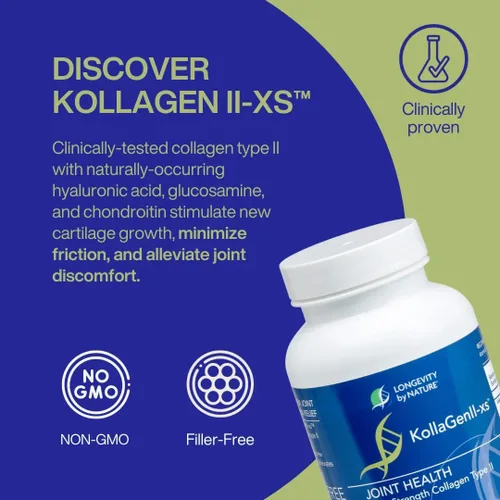 Vista 3 de Longevity by Nature Extra Strength KollaGen II-XS- Colágeno tipo II con ácido hialurónico, condroitina y glucosamina – Soporte para articulaciones
