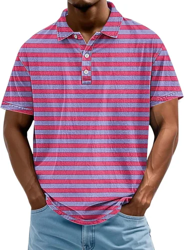 Vista 23 de Camisa polo de manga corta para hombre, camiseta de golf a rayas, de manga corta, para vacaciones, casual, cuello en V, camiseta de verano