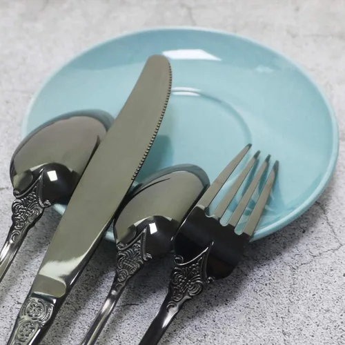 Vista 2 de Juego de cubiertos de 4 piezas, cubiertos de acero inoxidable 18/10, incluye cuchillo, tenedor, cuchara, cuchara de té, pulido con espejo, apto