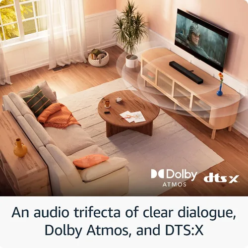 Vista 4 de Barra de sonido Amazon Fire TV Plus con subwoofer y parlantes de sonido envolvente (último model), 5.1 canales, Dolby Atmos, diálogos nítidos