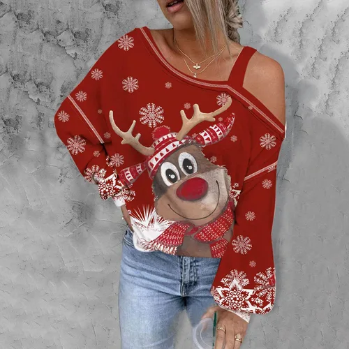 Vista 2 de Gosuguu Blusa de Navidad para mujer, con estampado de hombros descubiertos