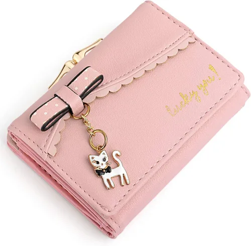 Vista 6 de UTO Cartera triple para mujer, lindo gatito con lazo, tarjetero pequeño