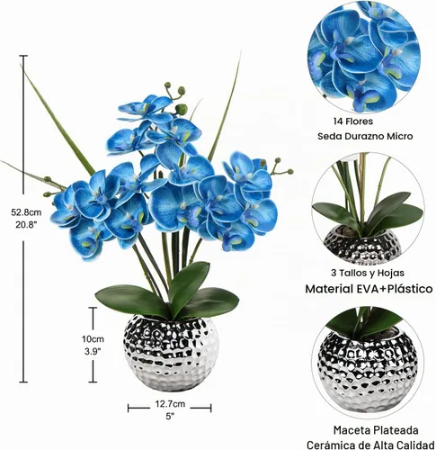Vista 2 de Briful Orchids Flores artificiales, 20 pulgadas, flores de orquídea sintética azul con jarrón plateado, flores falsas de seda Phalaenopsis para Azul