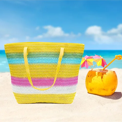 Vista 11 de Bolso grande de paja para mujer, tejido de ratán, bolso de playa de verano, a rayas