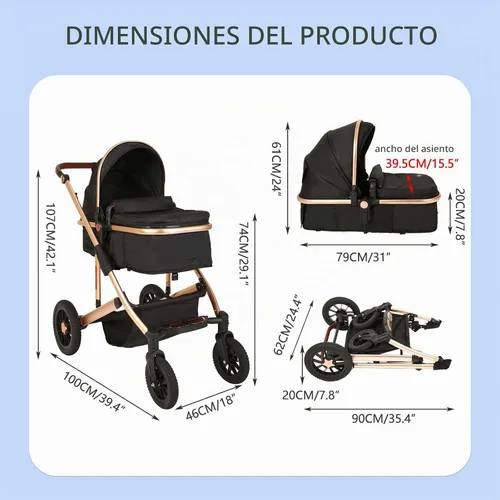 Vista 2 de Trenana Cochecito infantil 2 en 1, cochecito de bebé horizontal, cochecito de cuna reversible, respaldo y toldo ajustable, cochecito plegable