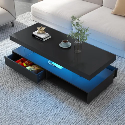 Vista 4 de Merax Mesa auxiliar, mesa auxiliar rectangular con 2 cajones y estantes de exhibición, moderna mesa de cóctel con luces LED y superficie UV de alto