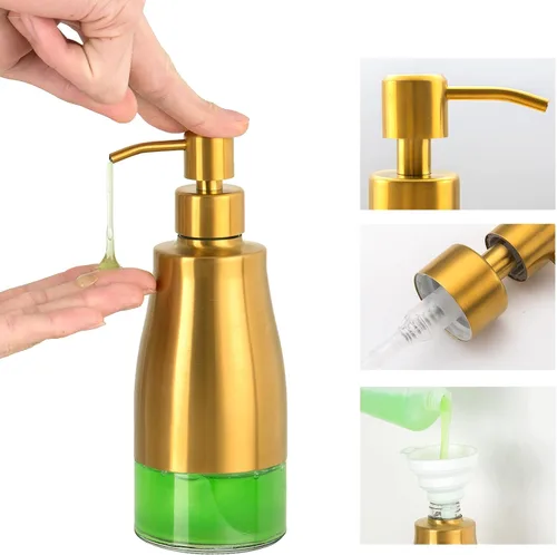 Vista 6 de Gaussra Dispensador de jabón con posavasos y calcomanías, dispensador de bomba de mano de vidrio de acero inoxidable dorado cepillado, botella
