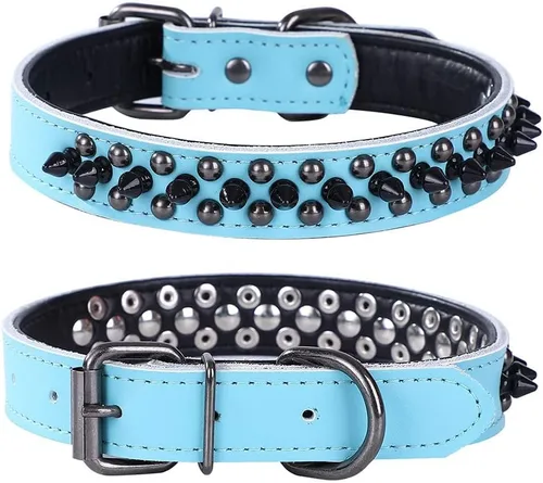 Vista 15 de Collar de perro con tachuelas, collar de perro de cuero genuino, collares ajustables para mascotas pequeñas o medianas (S, negro-1)