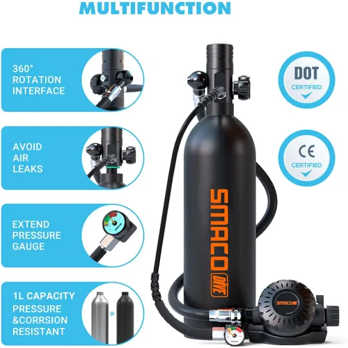 Vista 3 de SMACO Mini tanque de buceo con máscara de buceo de cara completa, S400 Pro 1L Mini tanque de buceo portátil botella de poni reutilizable hasta 20