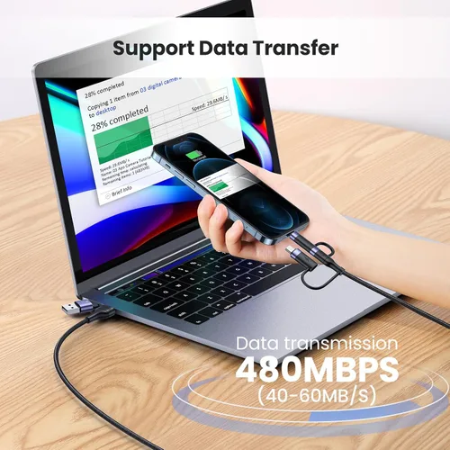 Vista 6 de PD 60W USB C Cable de carga rápida multifuncional trenzado de nailon 5-en-1 3A USB/C a Type C/Micro/Teléfono Adaptador de sincronización rápida