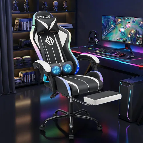 Vista 2 de HOFFREE - Silla LED para juegos con luces RGB de masaje, color blanco Blanco + Negro