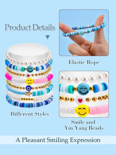 Vista 2 de Abitoncc Preppy Heishi - Juego de pulseras de surfista para niñas adolescentes, bonitos aretes estéticos, anillos estéticos preppy coloridos de oro
