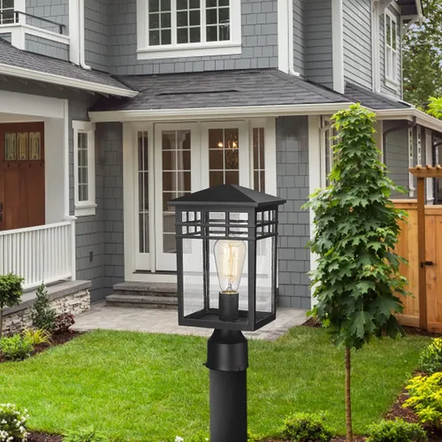 Vista 8 de Lámpara de poste exterior, farol moderno de pilar exterior con acabado negro y vidrio semillado, luz de poste para jardín, patio trasero, patio