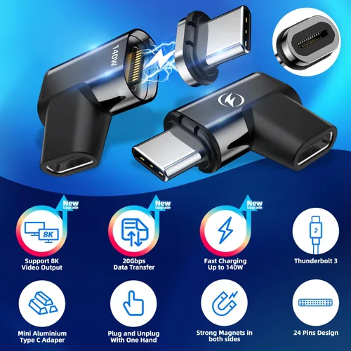 Vista 2 de Adaptador magnético USB tipo C, paquete de 2, 24 pines PD 140W USBC 4 20Gbps 8K 60Hz Magnetic USB C Adapter with Data Transfer for MacBook