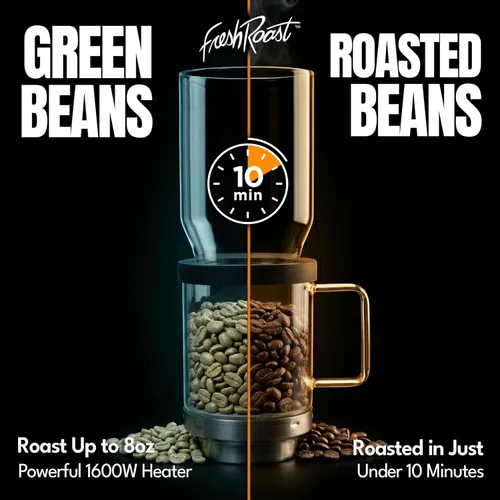 Vista 3 de Fresh Roast SR800 - Paquete de tostador de café – Incluye tubo de extensión de vidrio, enfriador de granos de café, granos de café verdes, bandejas