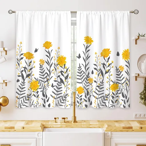 Vista 10 de Cortinas de cocina pequeñas de montaña abstracta verde azulado, tratamiento de ventana de montaña, naturaleza, puesta de sol, paisaje, cafetería