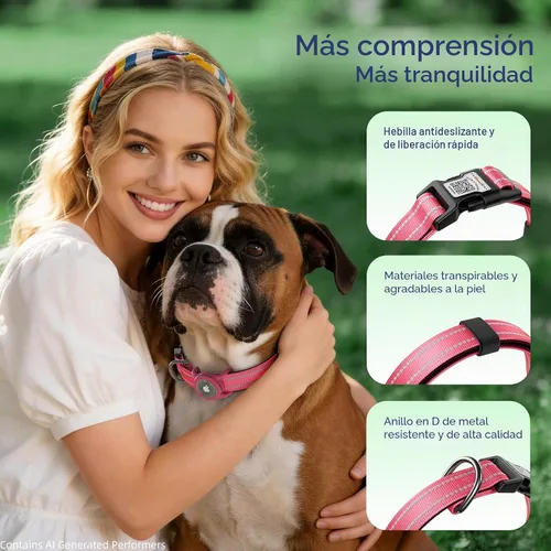 Vista 6 de Collar para perro Airtag con código QR, collar reflectante con soporte para Airtag, acolchado suave y hebilla de bloqueo de seguridad, collar Rosa