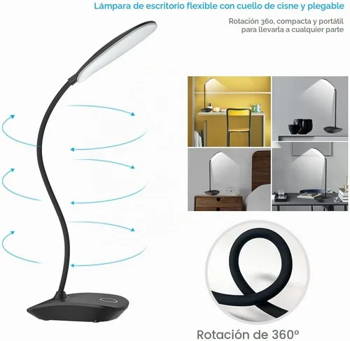 Vista 3 de DEEPLITE Lámpara de escritorio LED con cuello de cisne flexible de 3 niveles de brillo, lámpara de mesa a pilas de control táctil de 5 W, lámpara