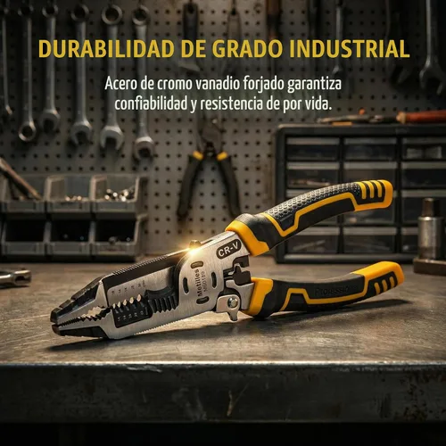 Vista 2 de Herramienta pelacables 8 en 1, alicates de electricista multifunción CR-V de 9 pulgadas, ideal para pelar, cortar, engarzar y sujetar cables. Agarre