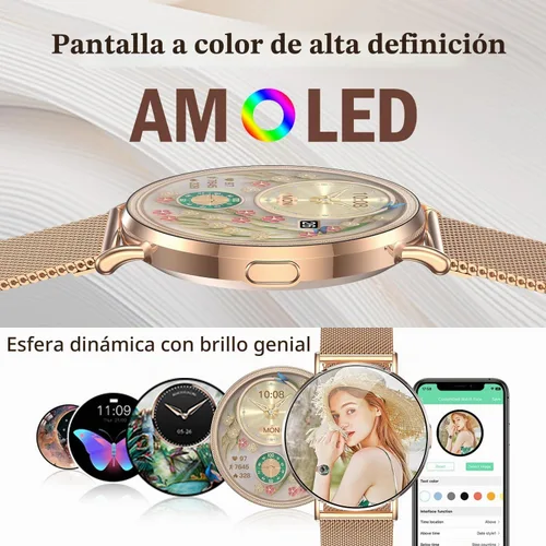 Vista 2 de Reloj inteligente pequeño para mujer, color oro rosa de 1.614 in, ultrafino, con cara redonda, para muñecas pequeñas y mujeres pequeñas, responde