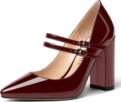 Vista 22 de MERRORI Vestido sólido con correa ajustable para mujer, con hebilla de patente, puntera puntiaguda, tacón alto, zapatos de 4 pulgadas Beige