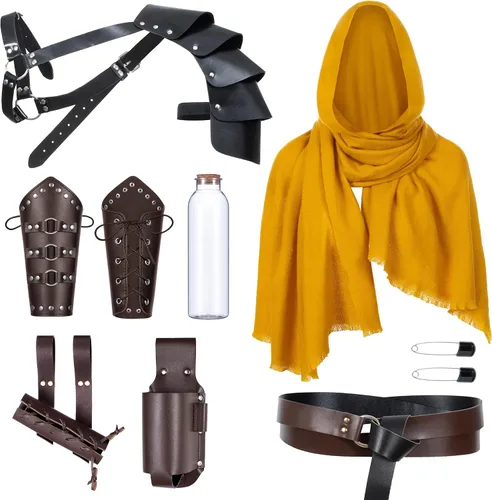 Vista 27 de Cinturón de cuero de caballero medieval para hombre, chal renacentista, capa de medio hombro, bufanda, brazaletes con hebilla, accesorios retro