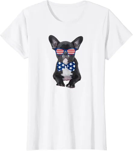 Vista 21 de Funny French Bulldog 4th de julio de Patriótico EE. UU. playera, niños 10, Blanco
