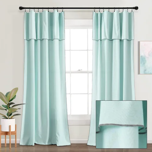 Vista 11 de Lush Decor Moderno par de paneles de cortina de ventana con borde bordado de lino sintético con cenefa adjunta, 84 pulgadas de largo x 52 pulgadas