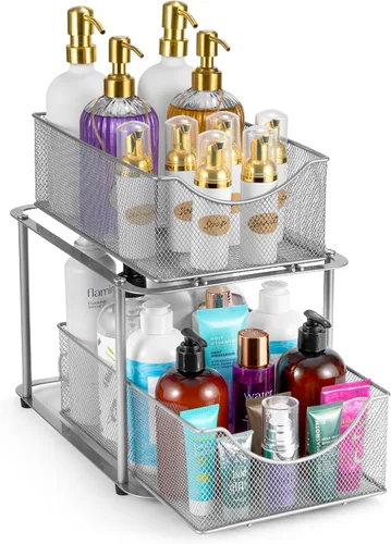Vista 12 de Sorbus Organizador de metal para debajo del fregadero de 2 niveles para baño, cocina, cajones deslizantes de malla de acero fuerte para debajo