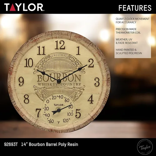 Vista 5 de Taylor Bourbon Barrel - Reloj y termómetro de poliresina para interiores y exteriores, decoración del hogar para jardín, patio, piscina y áreas
