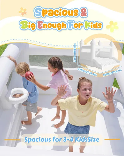 Vista 4 de AirMyFun Casa de rebote blanca para niños de 3 a 10 años, casa de rebote con soplador, tobogán y aro de bola, castillo inflable de salto