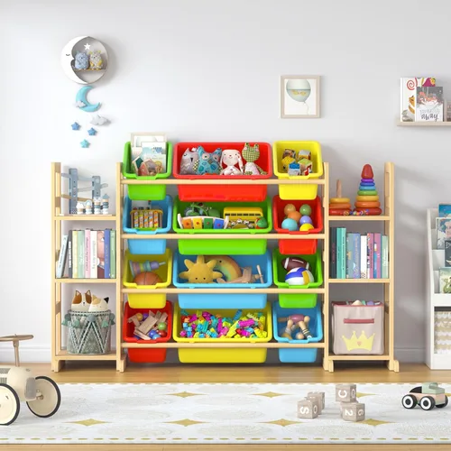 Vista 7 de Organizador grande de almacenamiento de juguetes para niños, organizador de juguetes y estantería combinada con 12 contenedores y 6 estantes, caja