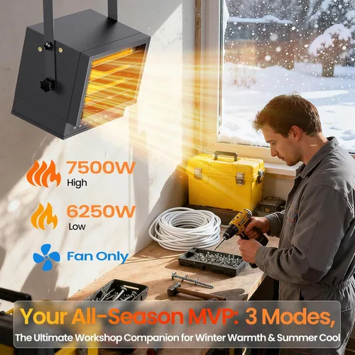 Vista 3 de Calentador eléctrico de garaje de 7500 W con control remoto, calentador de techo cableado de 240 V, calentadores de espacio de garaje con modo ECO