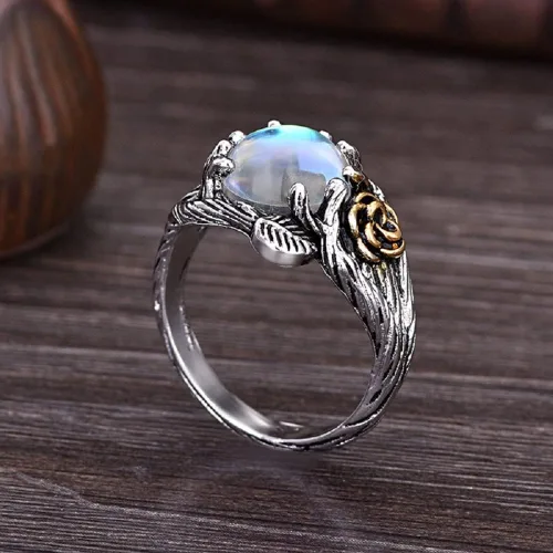Vista 2 de Anillo de compromiso único con ramita floreciente, arco iris, piedra lunar, para mujer, estilo victoriano, joyería de plata tailandesa (talla 8)