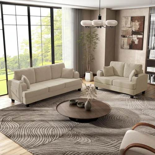 Vista 14 de HOMES: Inside + Out Reese - Moderno juego de sofá de 2 piezas con bolsillos laterales, portavasos y puertos USB, sofá suave de madera y cómodo sofá