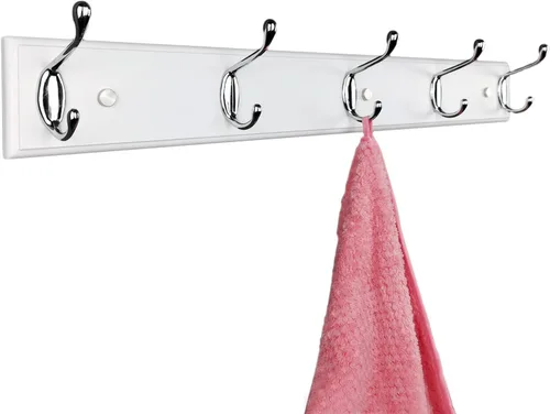 Vista 19 de Perchero de pared con 5 ganchos plateados de madera, 17.3’’, Ganchos resistentes para colgar ropa, sombrero, mochila, etc., Gran decoración moderna