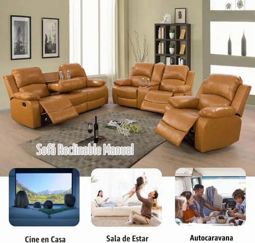 Vista 6 de Juego de sofá reclinable manual de cuero para sala de estar, juego de sofá reclinable, juego de sofá de cuero para sala de estar, salón, club