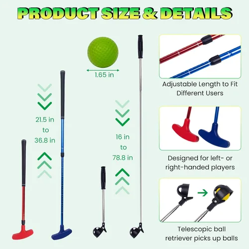 Vista 4 de Mini juego de práctica de golf de putting – Putters ajustables, 6 agujeros marcados, 12 pelotas de práctica, recuperador de bolas extensibles