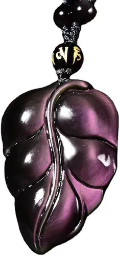 Vista 2 de Collar de yuk yip de hoja de cristal de obsidiana de arcoíris natural con cadena ajustable, Gema, obsidiana