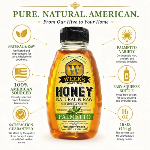 Vista 2 de Weeks Honey Farm Palmetto Honey – 16oz Squeeze Bottle 100% Raw & Unfiltered Pure Honey Natural Superfood Rich in Vitamins, Minerals &