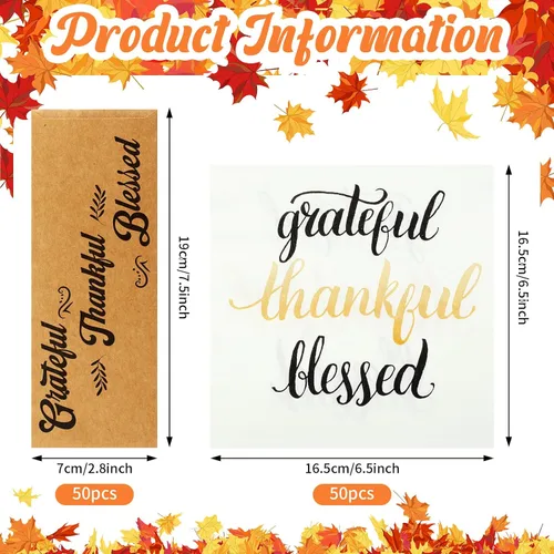 Vista 2 de Colarr 100 servilletas desechables de Acción de Gracias de otoño, bolsas de cubiertos de papel y bolsas de cubiertos Thankful Grateful Blesed