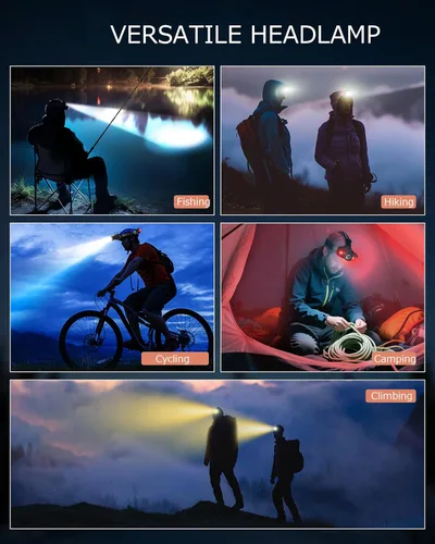 Vista 8 de Linterna frontal recargable con zoom y luz lateral roja, 4000LM con sensor de movimiento, luces de 3 colores, IP65, impermeable, 90°, ajustable