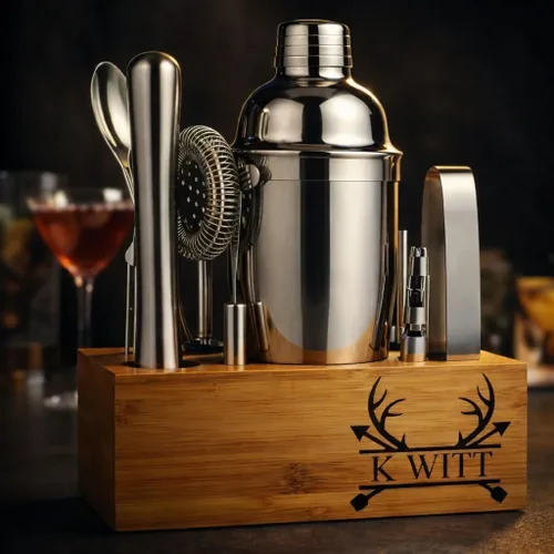 Vista 2 de Juego de coctelera personalizada de 12 piezas con soporte de bambú, kit de barman de mixología, coctelera de Martini y herramientas profesionales